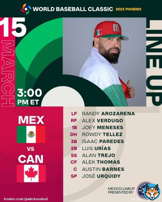 Win and they're in.   Here's how Team Mexico lines up for their last game of pool play. #WorldBaseballClassic   (MLB x @EstrellaJalisco)