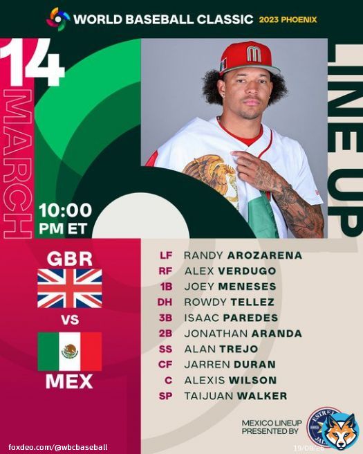 Here's the lineup Team Mexico is rolling with against Team Great Britain. #WorldBaseballClassic  (MLB x @EstrellaJalisco)