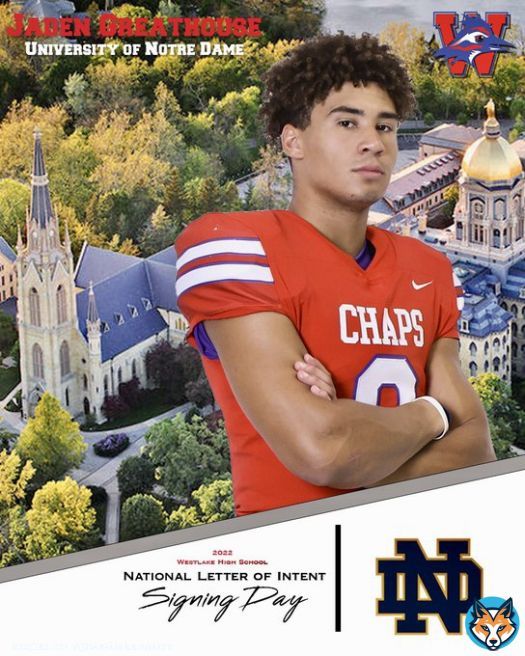 Jaden Greathouse started 60 games for Westlake Football, served as a team captain twice and helped the Chaps win three consecutive state championships. We congratulate Jaden on continuing his academic and football career at Notre Dame. #GoIrish #GoChaps