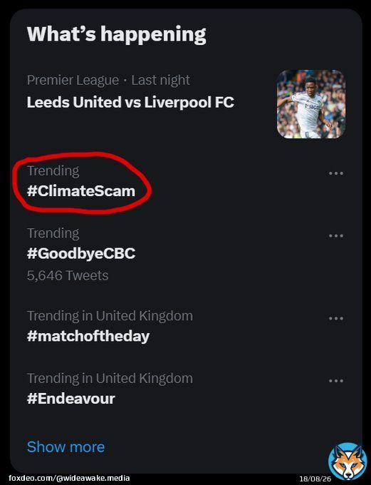 #ClimateScam is trending again today. Keep posting and retweeting!  The climate scam is fundamental to the totalitarian Net Zero/Great Reset agenda. The more we can chip away at its perceived legitimacy, the more we can undermine said agenda.