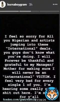 This is when Burnaboy wasn&rsquo;t signed to an international label but hated others cos they had international deals. The same man that said he will never be an &ldquo;International Victim&rdquo; is still the same person do everything to get a Grammy validation.  He wants foreign validation badly
