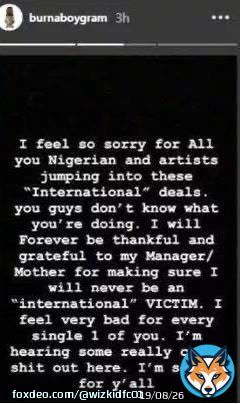 This is when Burnaboy wasn&rsquo;t signed to an international label but hated others cos they had international deals. The same man that said he will never be an &ldquo;International Victim&rdquo; is still the same person do everything to get a Grammy validation.  He wants foreign validation badly