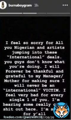 This is when Burnaboy wasn&rsquo;t signed to an international label but hated others cos they had international deals. The same man that said he will never be an &ldquo;International Victim&rdquo; is still the same person do everything to get a Grammy validation.  He wants foreign validation badly