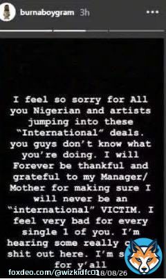 This is when Burnaboy wasn&rsquo;t signed to an international label but hated others cos they had international deals. The same man that said he will never be an &ldquo;International Victim&rdquo; is still the same person do everything to get a Grammy validation.  He wants foreign validation badly