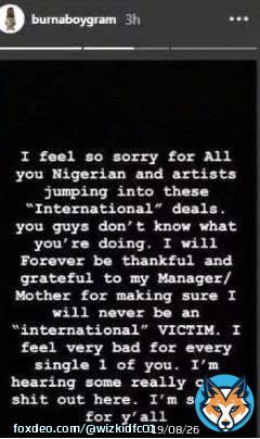This is when Burnaboy wasn&rsquo;t signed to an international label but hated others cos they had international deals. The same man that said he will never be an &ldquo;International Victim&rdquo; is still the same person do everything to get a Grammy validation.  He wants foreign validation badly