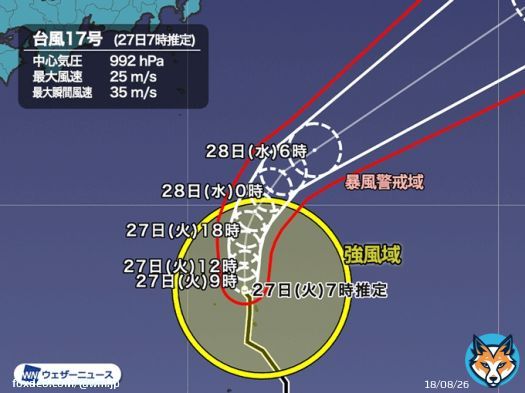 ＜台風情報＞ 27日(火)6時現在、台風17号は父島の北西約70kmを北寄りに進んでいます。今後は小笠原諸島近海を通過したあと、進行方向を東寄りに変えて、本州の東へと進む予想です。 小笠原諸島は、今日は荒れた天気で、特に午前中は暴風や大雨、高波に警戒してください。