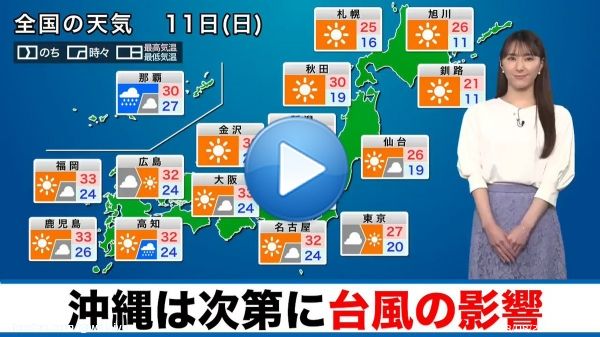〈9月11日(日)の天気〉  北海道付近の高気圧が日本付近に張り出し、日差しの届く所が多くなります。西日本の太平洋側は湿った空気の影響で、一時的に雨の降る所がある見込みです。台風12号が接近する沖縄は次第に影響が出てきます。  \u25bc最新の気象情報はこちら