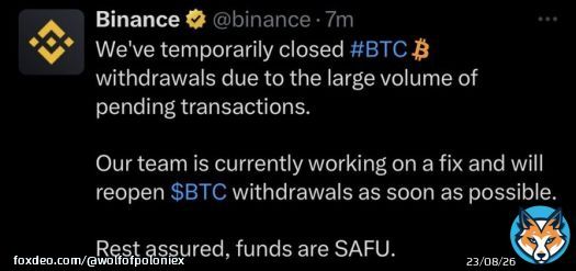 Billions of dollars have been withdrawn from Binance while the price of Bitcoin continues to plummet.  This is a big red flag. This sort of behavior happens during insolvency / legal risk.  To top it all off, withdrawals have stopped TWICE.  Play it safe and self-custody for now.