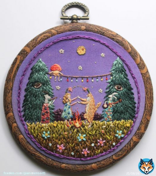 'Celebration in the Forrest' hand stitched embroidery by Irem Yazici, Turkish born textile artist #WomensArt