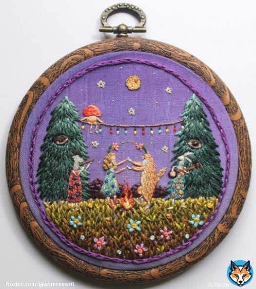 'Celebration in the Forrest' hand stitched embroidery by Irem Yazici, Turkish born textile artist #WomensArt