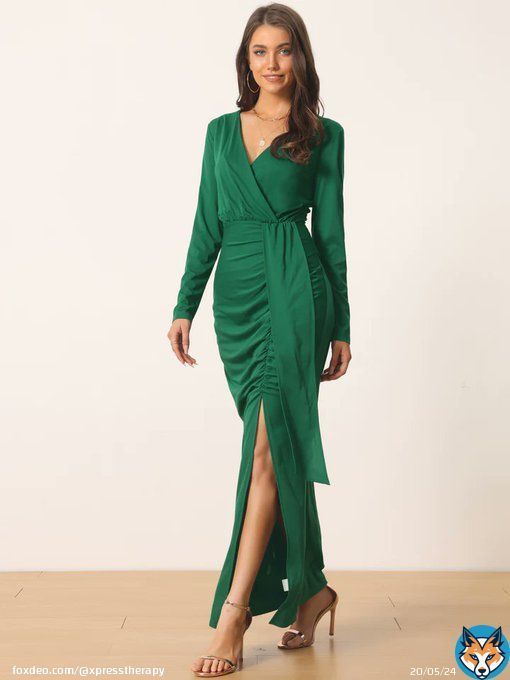 Buy Here |  Long Sleeve V Neck Draped Front Ruched Cocktail Splited Party Maxi Bodycon Dress  #fashionista #fashion #fashionable #fashionstyle #fashioninspo #fashiondesigner #outfitoftheday #outfitstyle #outfitpost #outfits #womenswear #women