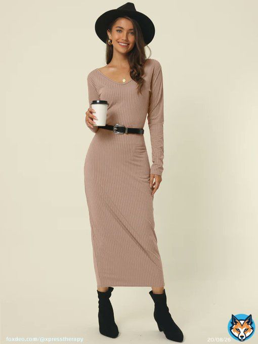 Buy Here |  Women's Fall Winter V Neck Long Sleeve Slim Fit Casual Midi Dress | Midsize Body Outfits #fashionista #fashion #fashionable #fashionstyle #fashioninspo #fashiondesigner #outfitoftheday #outfitstyle #outfitpost #outfits #womenswear #women