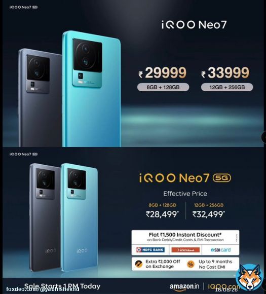 iQOO Neo 7 5G launched in India. 6.78' FHD+ OLED display 120Hz refresh rate, 1300 nits peak Dimensity 8200 LPDDR5, UFS 3.1 Android 13 64MP GW3 OIS+2MP+2MP 16MP front 5000mAh battery 120 watt charging WiFi 6 BT5.3 8.58mm thick 193 gram X-axis haptic motor