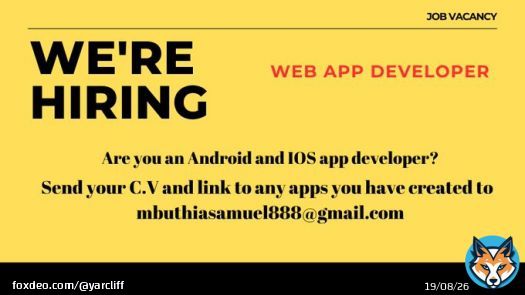 JOB VACANCY!! WE'RE HIRING-WEB APP DEVELOPER  Are you an Android and iOS app developer? Send your CV and links to any apps you have created to mbuthiasamuel888@gmail.com  Willis Raburu TikTok and Telegram Tirries Tuesday Faith Kipyegon Bahati Pep Guaardiola #earthquake Bill Gates
