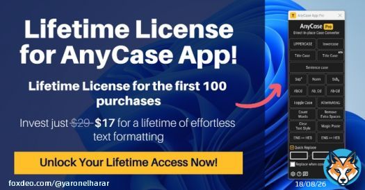 Windows users: Say goodbye to manual case changes. Get 1 lifetime license, for unlimited in-place case conversion across Windows Take advantage of this lifetime no subscription offer!From anycaseapp.com
