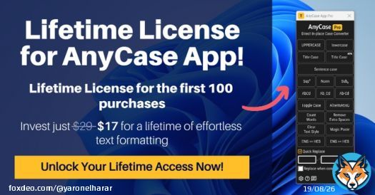 Windows users: Say goodbye to manual case changes. Get 1 lifetime license, for unlimited in-place case conversion across Windows Take advantage of this lifetime no subscription offer!From anycaseapp.com