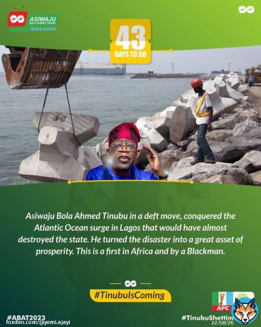 Asiwaju Bola Ahmed Tinubu conquered the Atlantic Ocean surge in Lagos that would have destroyed many lives. A vote for Tinubu is a Vote for progress!   #TinubuIsComing