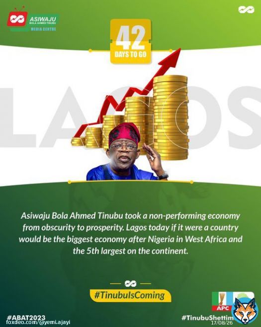 Lagos state grew its revenue from a paltry 600m to 5b a month under the leadership of Asiwaju Bola Ahmed Tinubu. A leader with capacity, competency and outstanding knowledge. I&rsquo;d vote for asiwaju over and over again if given the opportunity.   #TinubuIsComing
