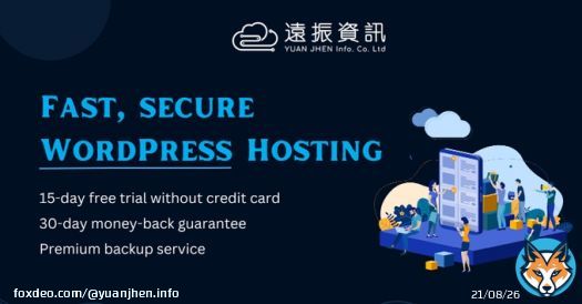 Start your online business with WordPress quickly:   Built-in LiteSpeed Web Server Free trial without credit card 30-day money-back guarantee  One-click installation   Sign up for YuanJhen's fast and secure WordPress Hosting plans today.