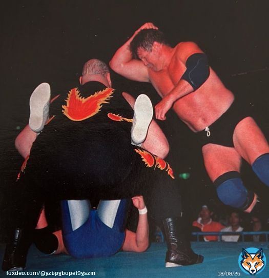 青いコスチュームの(これもかなりレア)三沢さんを痛め付ける、超レアなハンセン(全日本プロレス)ビガロ(新日本プロレス)の越境タッグ。#プロレス