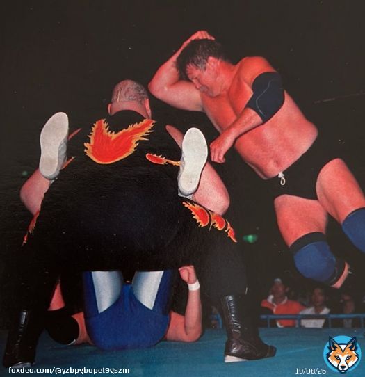 青いコスチュームの(これもかなりレア)三沢さんを痛め付ける、超レアなハンセン(全日本プロレス)ビガロ(新日本プロレス)の越境タッグ。#プロレス
