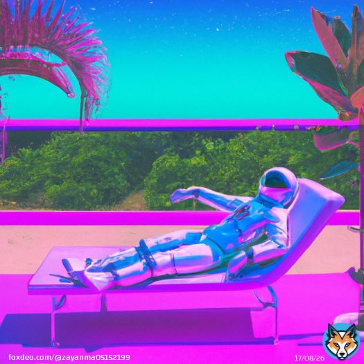 an astronaut lounging in a tropical resort in space, vaporwave