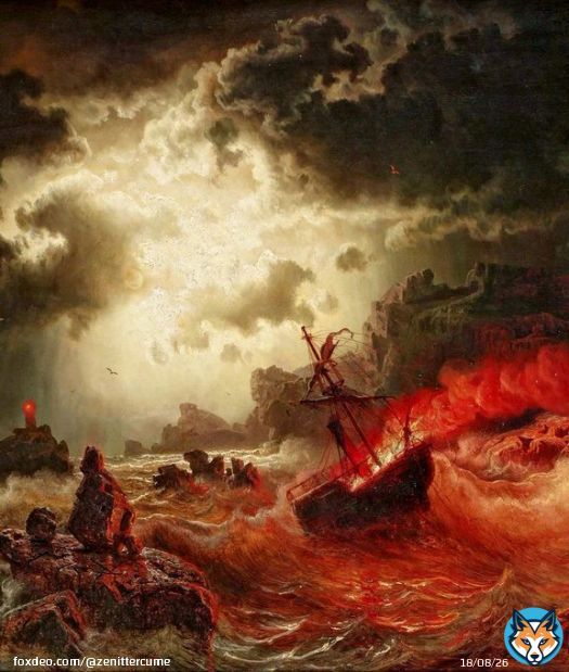 Marcus Larson (1825&ndash;1864), 'Ocean at Night with Burning Ship' (detail), oil on canvas, Private collection.  Larson was one of Sweden's foremost 19th-century landscape painters. His paintings were known for being dramatic and primarily depicted ed sea scenes under violent skies.