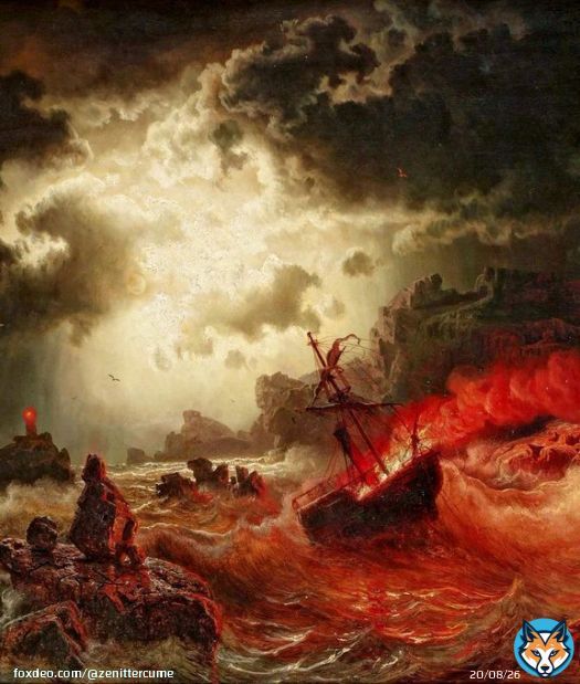 Marcus Larson (1825&ndash;1864), 'Ocean at Night with Burning Ship' (detail), oil on canvas, Private collection.  Larson was one of Sweden's foremost 19th-century landscape painters. His paintings were known for being dramatic and primarily depicted ed sea scenes under violent skies.