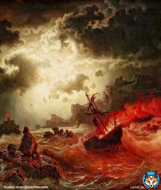 Marcus Larson (1825&ndash;1864), 'Ocean at Night with Burning Ship' (detail), oil on canvas, Private collection.  Larson was one of Sweden's foremost 19th-century landscape painters. His paintings were known for being dramatic and primarily depicted ed sea scenes under violent skies.