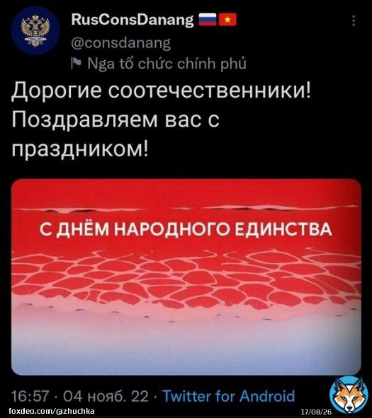 мы живём в том таймлайне, где ты смотришь на поздравление с днем народного единства кадром из евангелиона, выложенном на официальном аккаунте российского консульства во вьетнаме, и в целом ничего необычного не видишь