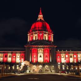 YAY AREAAAA   Landmarks are lit in red &amp; gold tonight around The Bay ahead of tomorrow's #SuperWildCard weekend game.  #NFLPlayoffs x #FTTB
