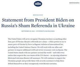 Президент США Джо Байден анонсував "швидкі та важкі" антиросійські санкції у відповідь на &laquo;референдуми&raquo;