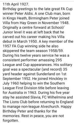 Remembering the great  Peter Aldis. Born On This Day 1927 #PeterAldis #astonvilla #avfc #VillaPark #FACup