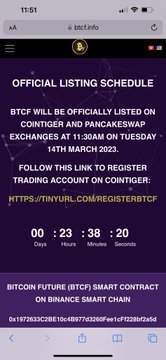 LESS ONE DAY TO START LISTING BTCF TOKEN   Dear BITCOIN FUTURE community,  Get ready to trade on CoinTiger &amp; Pancakeswap Exchange  Listing BTCF:  USDT &amp; BTCF deposit time 10:30 am (UTC+7) on 14/03/2023  Trading Time 11:30 am (UTC+7) Best rega