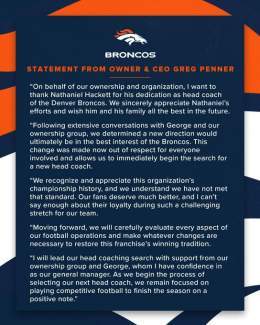 We have parted ways with Head Coach Nathaniel Hackett.  A statement from Broncos Owner &amp; CEO Greg Penner: