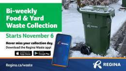 On Nov 6, the City is moving to bi-weekly green cart collection for the winter months. Your green cart collection day remains the same but will be every other week until April. Download the Regina Waste app or check your waste collection schedule  at