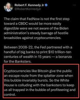 HUGE: Presidential hopeful Robert Kennedy trashes on CBDCs then says #Bitcoin is an &ldquo;escape route&rdquo;.