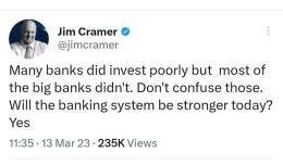 For heaven's sake shut up Jim. You said people should buy SVB and Signature Bank, and both collapsed. You recommended First Republic Bank, and it's on the verge of collapse.  Shut up before you make Chase, Citi and Bank of America collapse as well...