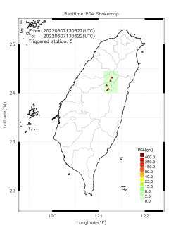 Automatically Plotted Shakemaps: * 2022-06-07 21:06:22 (UTC+08:00, Taipei) * Evt. 20220607210622, First Report. * Total 5 triggered stations  Note: These shakemaps are not yet confirmed, for reference only! #地震 #台灣 #earthquake #Taiwan