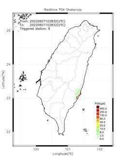 Automatically Plotted Shakemaps: * 2022-06-07 18:28:32 (UTC+08:00, Taipei) * Evt. 20220607182832, First Report. * Total 5 triggered stations  Note: These shakemaps are not yet confirmed, for reference only! #地震 #台灣 #earthquake #Taiwan