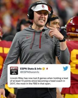 14-point leads have not been kind to Lincoln Riley