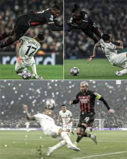 Cristian Romero received a red card after two yellows from these challenges on Rafael Le&atilde;o and Theo Hernandez