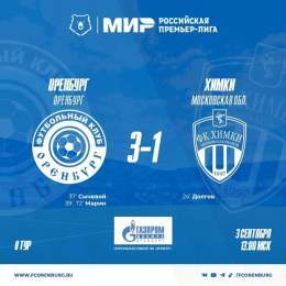 "Оренбург" - "Химки" (Московская обл.) 3:1   Голы: Сычевой, 37; Марин, 39; 72 - Долгов, 24   Предупреждения: Сиваков, 47; Аюпов, 51; Сычевой, 55; Вера, 70 - Ломовицкий, 43    Судья: Иванов Сергей (Ростов-на-Дону)   3 сентября. МИР РПЛ. г. Оренбург, с