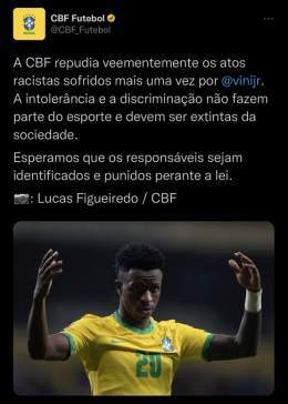 CBF emite nota de rep&uacute;dio aos atos de &oacute;dio dos torcedores do Atl&eacute;tico de Madrid contra Vini Jr.  &ldquo;Que voc&ecirc; siga sempre bailando, driblando e, acima de tudo, com esse sorriso no rosto, Vini! N&oacute;s estamos com voc&