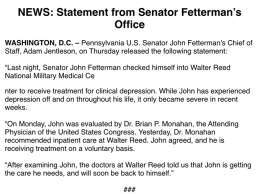 BREAKING: John Fetterman's office says that he checked himself into Walter Reed to be treated for clinical depression.