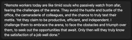 Had AI write a little 280 character rant about remote work in the style of teddy roosevelt's "man in the arena" speech. Here's what AI wrote: