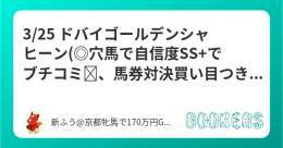 「3/25 ドバイゴールデンシャヒーン(\u25ce穴馬で自信度SS でブチコミ、馬券対決買い目つき)」を新規投稿しました。   得意のドバイ、ここはめちゃくちゃ自信アリ  \u25ce舐められすぎですが、前走映像とかを見たら絶対買いたくなるはず！  推奨理由あり！  一発目から一撃狙う