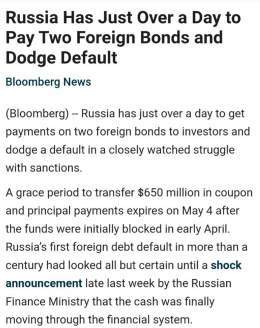 Я у це не дуже вірю   \ud83d\udd34 Завтра, 4 травня, у росії можуть оголосити дефолт, у росії залишилася доба для виплати боргів іноземним інвесторам, &mdash; Bloomberg