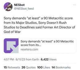 Sony requires its 1st Party Devs to target 90+ Minimum Quality games. After Redfall, and seeing comparisons of GOW Ragnarok vs Avowed, I dont doubt it.   #PlayStation5  #Xbox