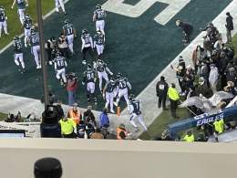 Jalen Hurts and Darius Slay greeting the defense.   Hurts is fired up for this one. He&rsquo;s got that playoff hunger.   #Eagles #FlyEaglesFly